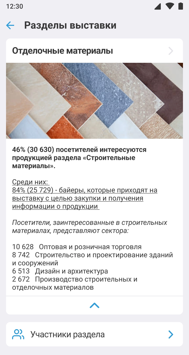 Раздел выставки «Отделочные материалы» со статистикой посетителей