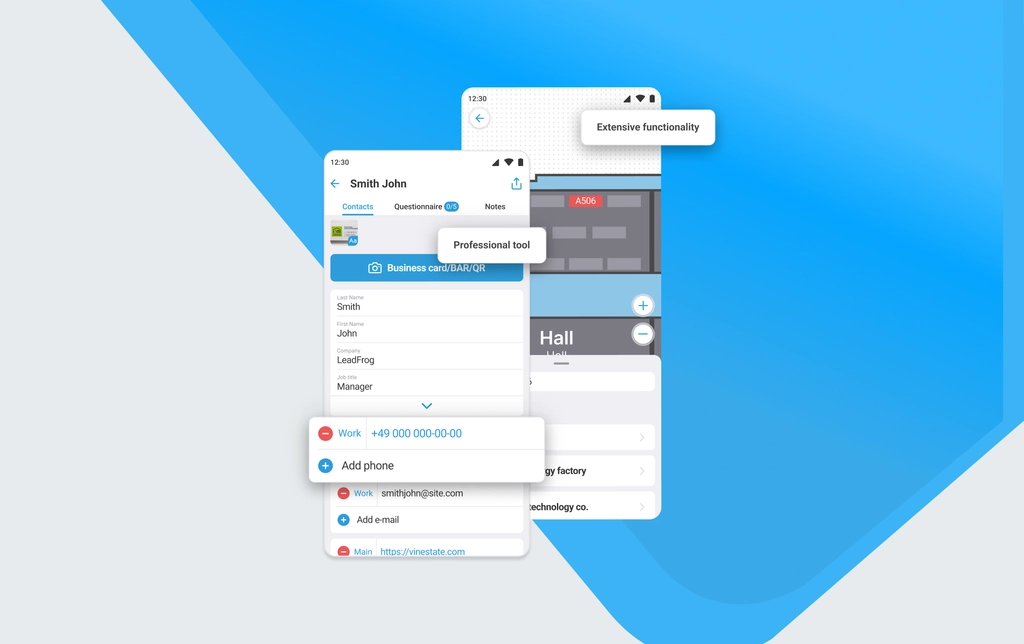 LeadFrog app: карточка контакта и интерактивная карта выставки